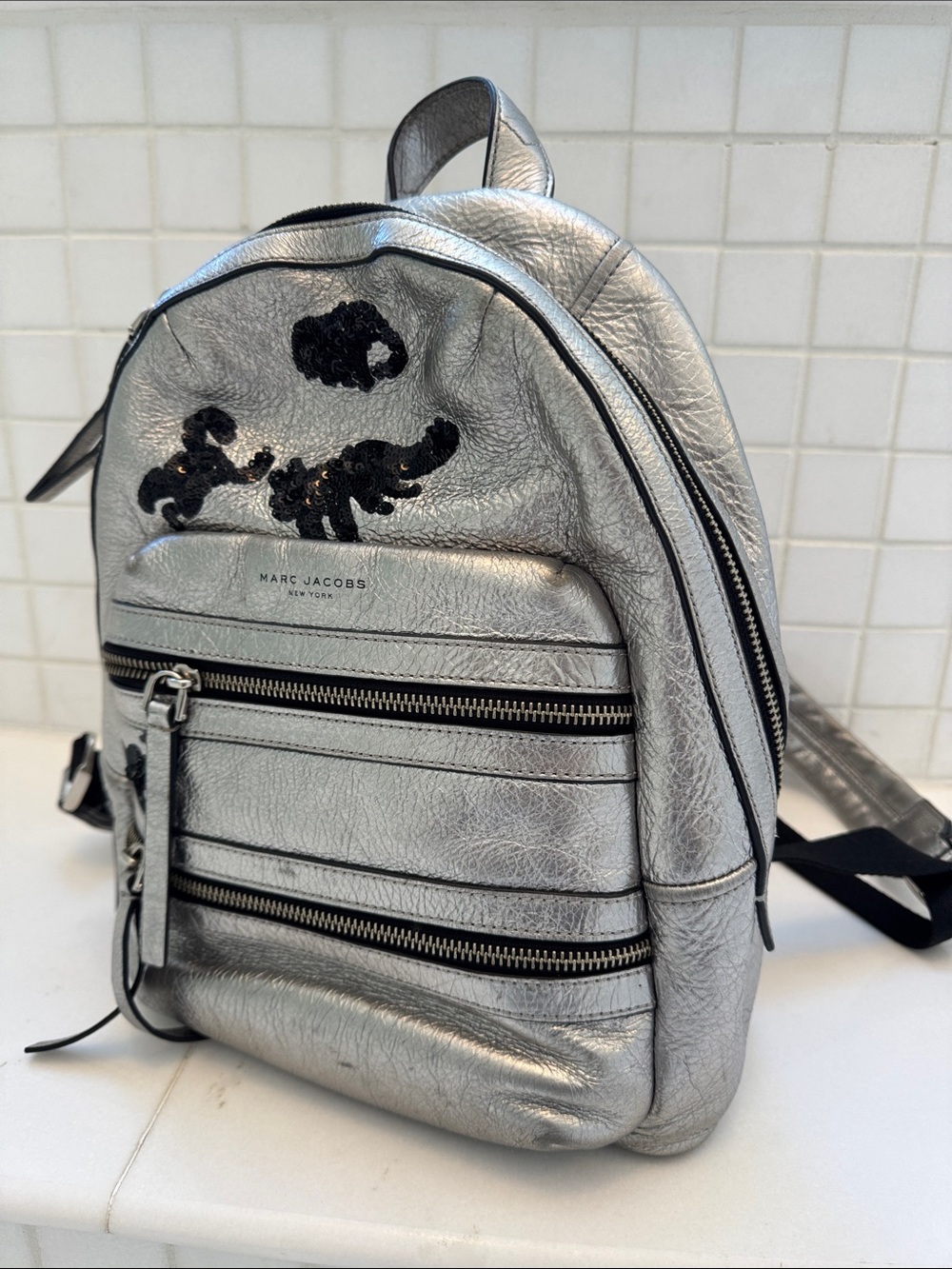 Marc Jacobs Silver Metallic Mini Backpack with Black Embellishment